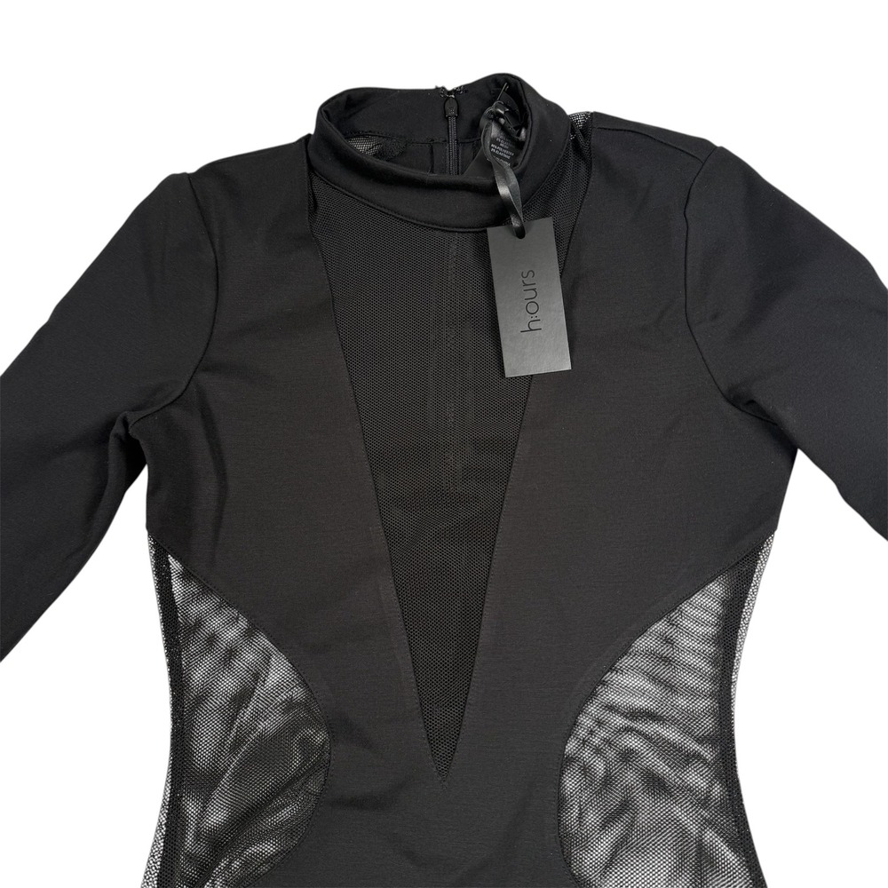 h:ours Revolve Mini Dress Women Small Black Mesh Ruched Long Sleeve‎ New